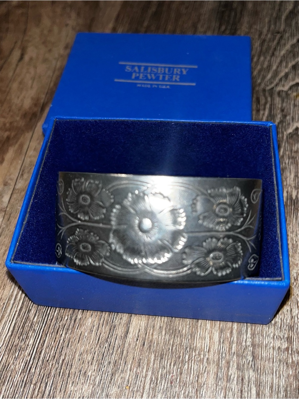Salisbury Pewter C Cuff Bracelet October Flower Merigold Engraved